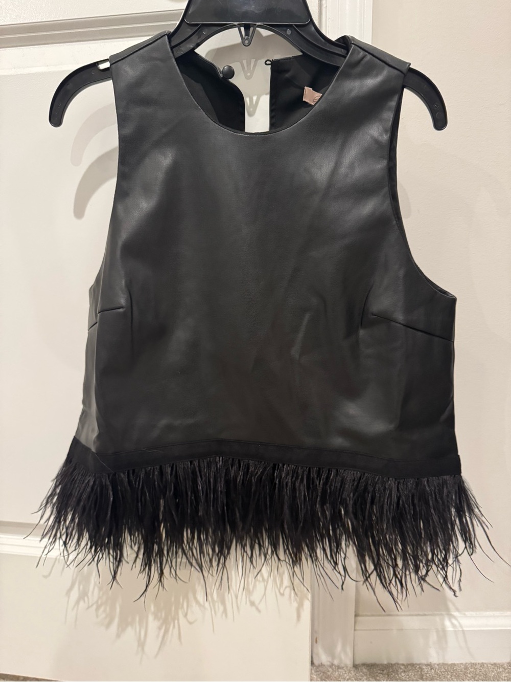 Hutch Black Faux Leather Feather Trim Tank Top